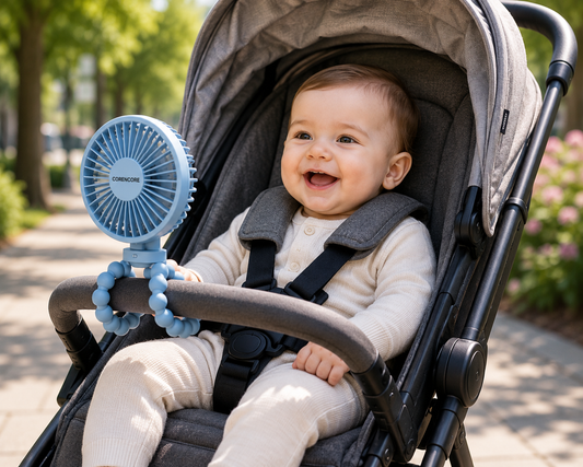 Baby enjoying the CoreNcore stroller fan during an outdoor walk
