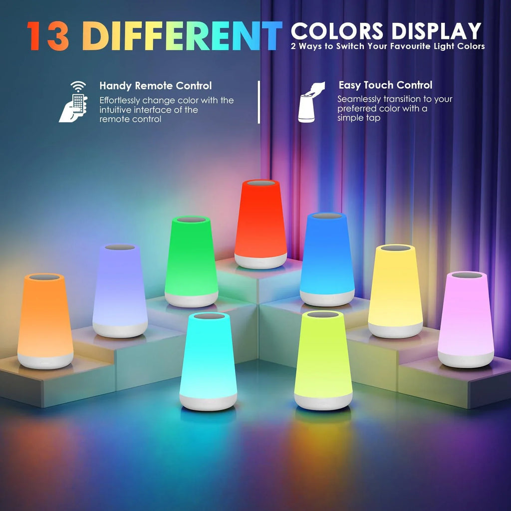 RGB LED Night Light 13 Colors Touch & Remote Control USB Rechargeable Dimmable Bedside Lamp