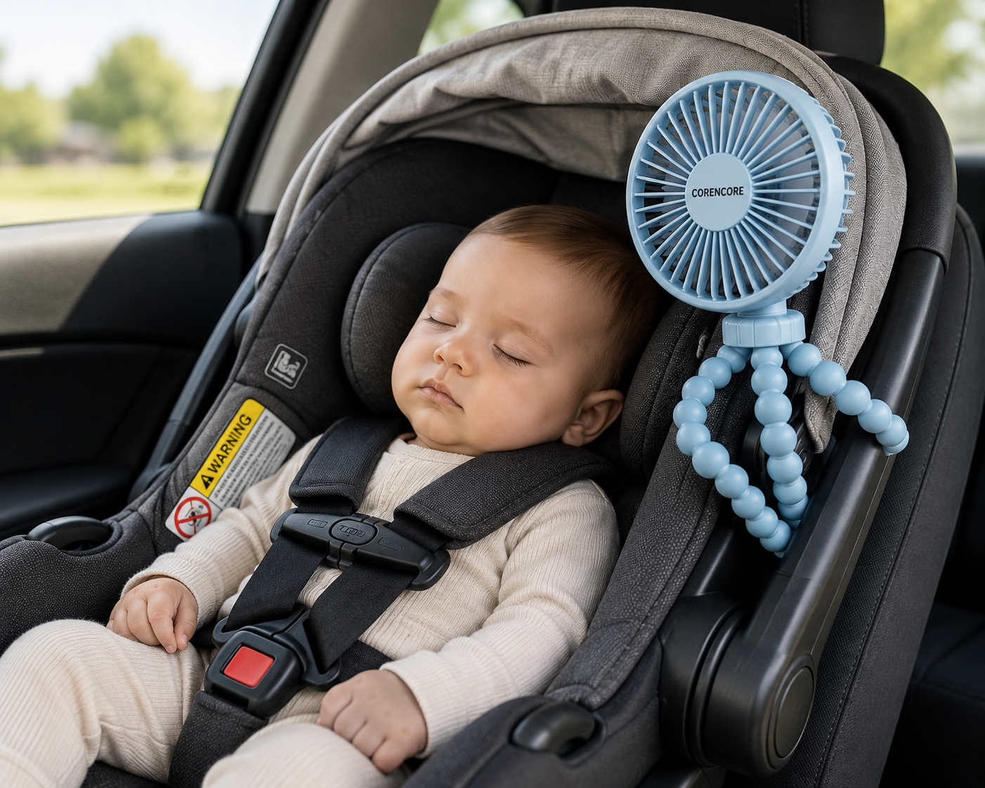 Sleeping baby using the CoreNcore fan in a car seat
