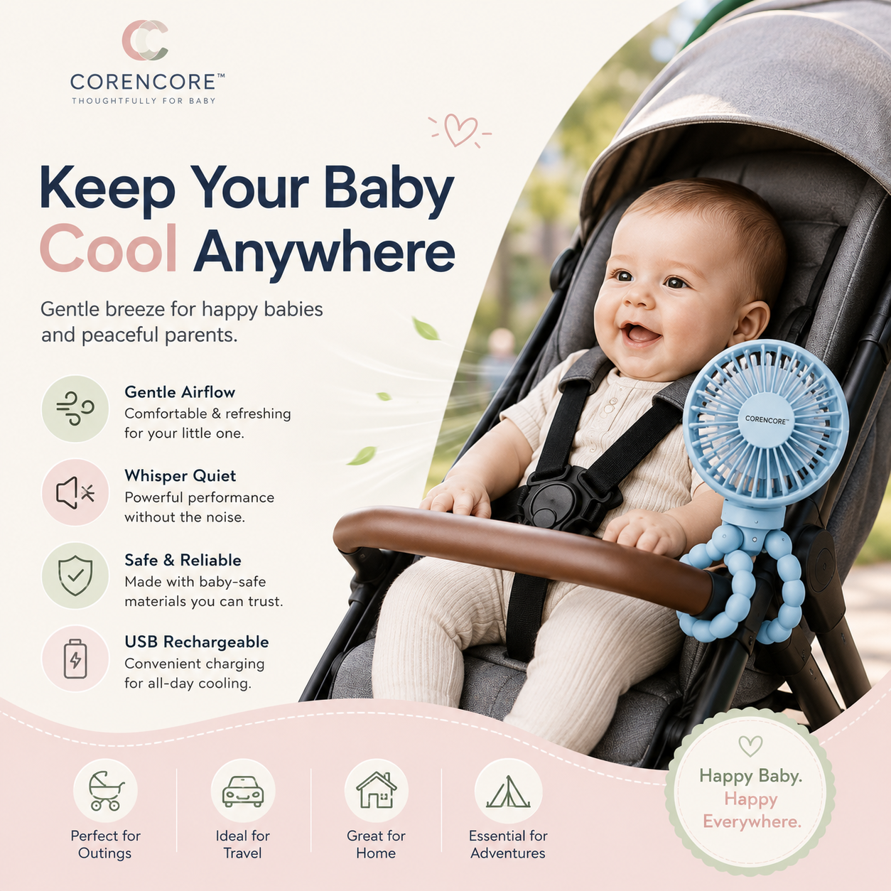 CoreNcore™ CoolRide Pro Baby Stroller Fan